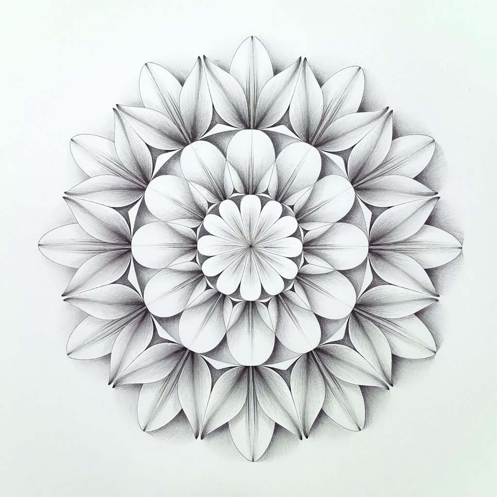 A minimalist, plain white background pencil drawing illustration of a lily flower mandala arranged in circular symmetry. Each petal, drawn in a simplistic style, radiates outward from the center in repeating layers. The lilies are evenly spaced, with soft pencil strokes and subtle veining inside each petal. Delicate geometric shapes fill the negative spaces between the blooms, enhancing the sense of calm and balance. The shading is light and minimal, reinforcing the mandala's meditative quality. Set against a plain white background, the entire composition maintains harmony and intentional stillness.