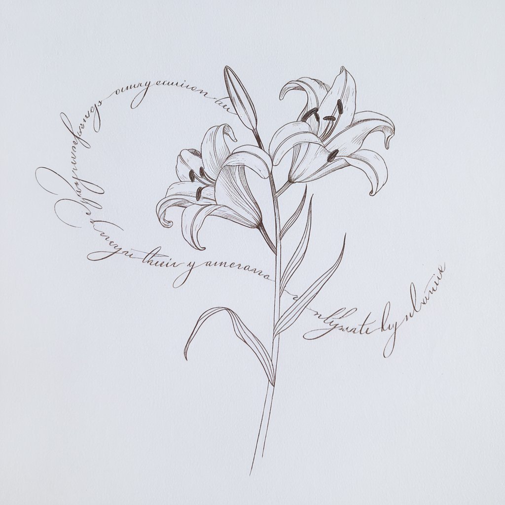 A minimalist, plain white background pencil drawing illustration of a lily flower intertwined with handwritten script. The flower is drawn in a simplistic style, its petals gracefully open with fine linework. A delicate phrase curves around the bloom, written in cursive lettering that integrates seamlessly into the stem and petal lines. The script is faint but fluid, complementing the soft structure of the flower. No additional decoration distracts from the organic elegance, and the white background emphasizes both the word and bloom equally in a harmonious balance.