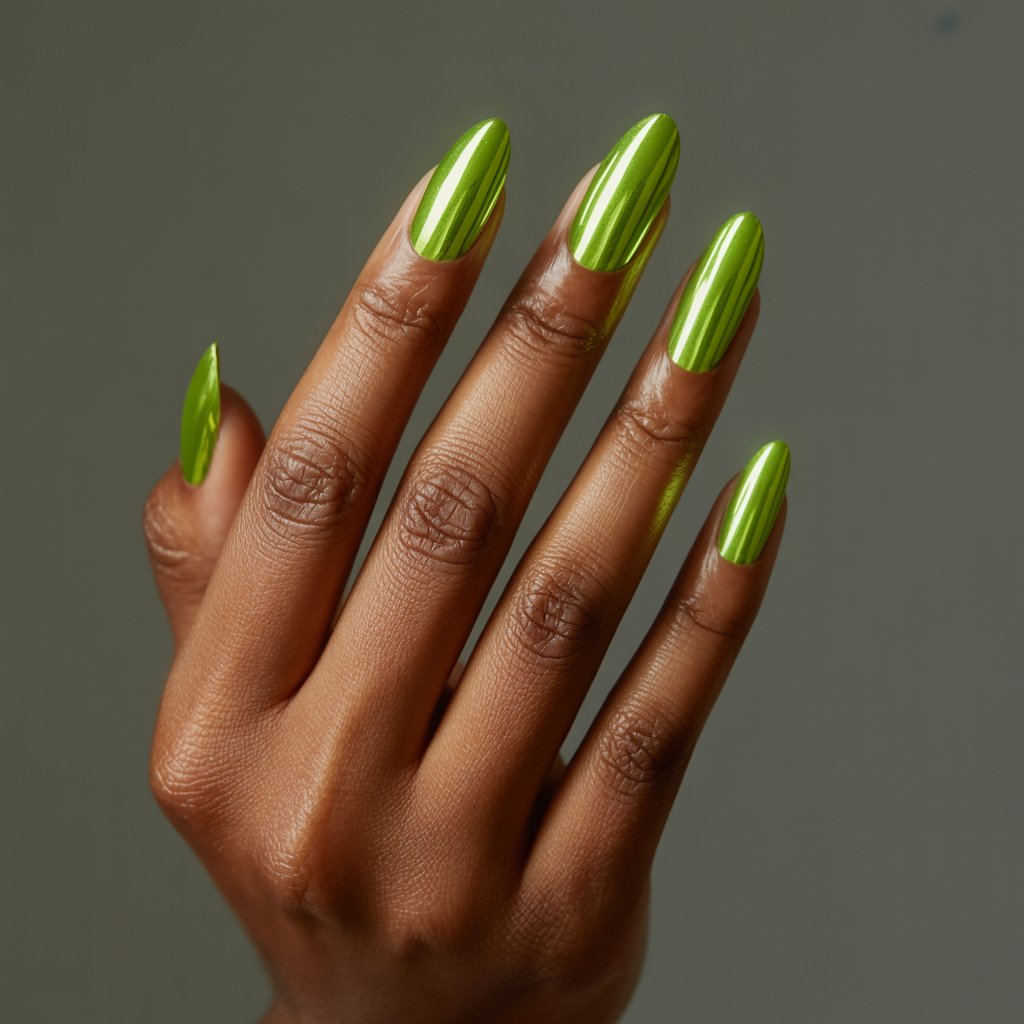 A striking studio photograph focuses on the elegant curve of a Black woman’s hand, showcasing five fingers adorned with sharp, almond-shaped neon nails in a vibrant lime green chrome finish. The reflective polish creates a captivating mirror-like effect, catching the bright natural light streaming from a softly blurred window behind the hand.  Against a seamless, dark gray backdrop, the oily, radiant skin of the hand glows, accentuating the smooth cuticles and professional artistry of the manicure while the fingers float gently in the air. A single, subtle highlight glimmers on the polished surface, emphasizing the chrome's multidimensional sheen and futuristic appeal.