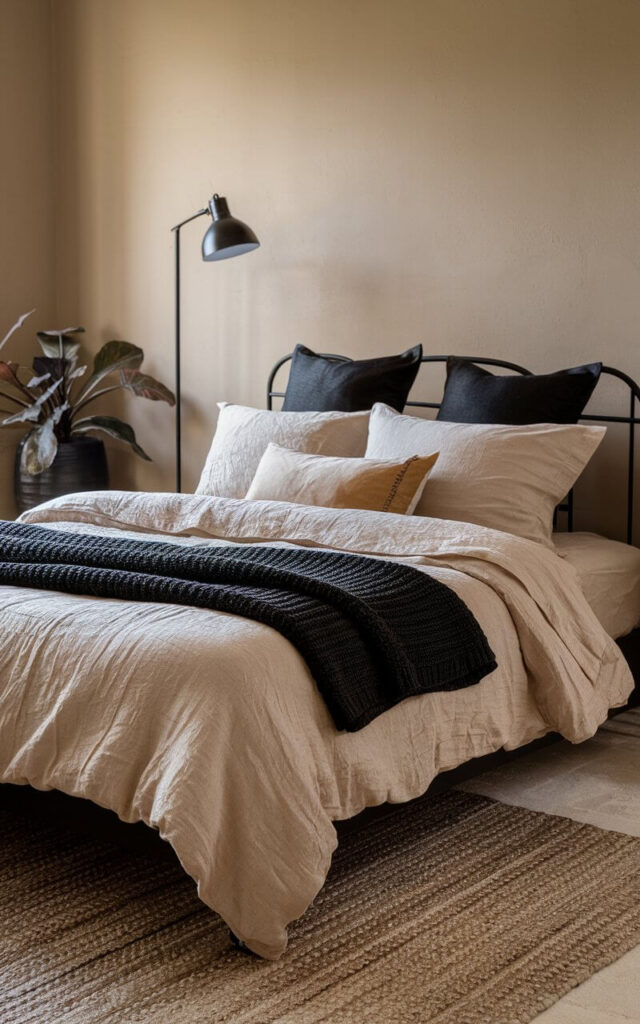 A photo of a black and beige bedroom with a cozy bed. The bed has beautifully layered and well-decorated bedding. The bedding consists of soft, crinkled beige linen sheets and a thick black knit throw. The bed is placed on a black metal bedframe. There are multiple pillows with varying shades of black and beige, placed on the bed. The walls are beige. There is a black floor lamp near the bed, casting a soft glow. A woven beige rug is placed on the floor. A leafy plant in a black pot is placed near the bed, adding a touch of natural vibrancy to the room.