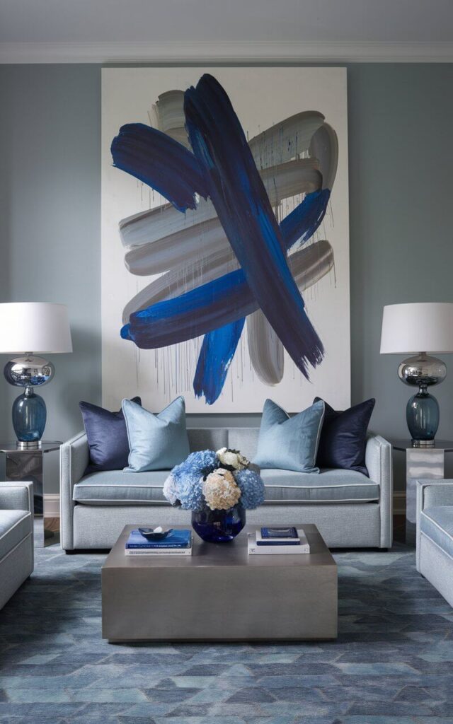 A photo of a blue and grey living room with an oversized piece of abstract artwork. The artwork is mounted above a cozy cloud-grey sofa and features dynamic brushstrokes in indigo, cobalt, and slate. The room is furnished with chrome side tables holding sculptural lamps with navy glass bases and a low-profile plain charcoal coffee table. A mix of soft blue and grey cushions adds texture to the sofa. A blue vase of flowers sits on a patterned blue rug. The room has a calm dove grey back wall.