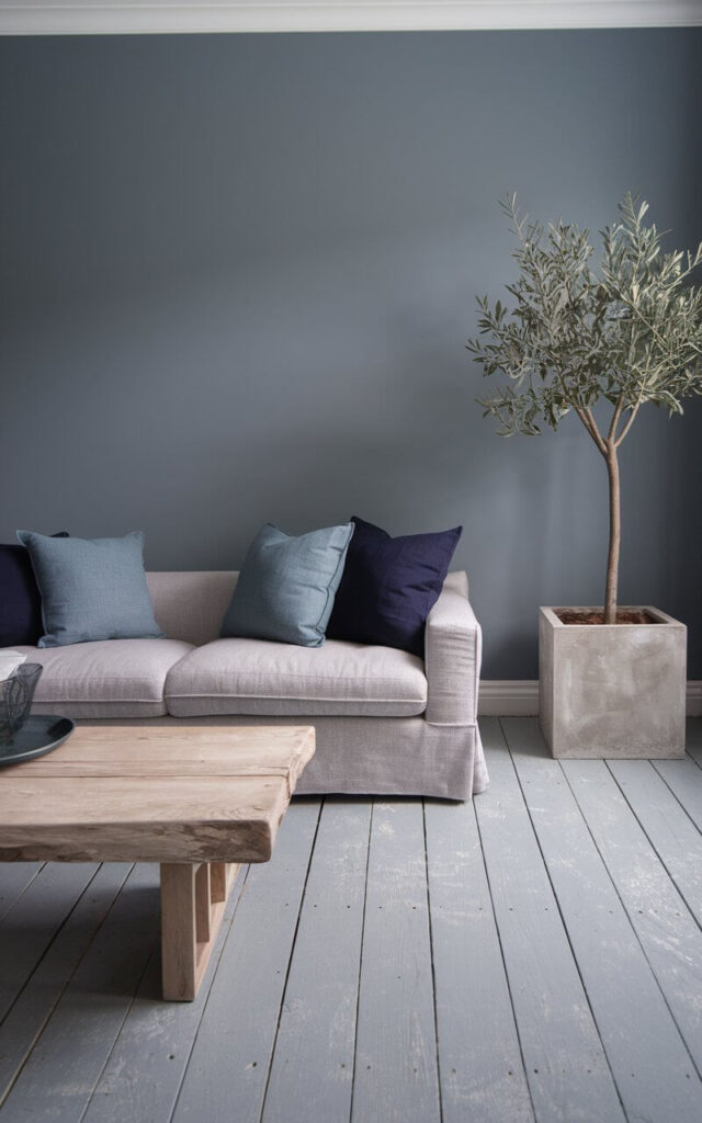 A photo of a serene blue and grey living room with cool-toned woods. The room has a bleached oak floor with a subtle grey wash. The walls are a muted steel blue. There is a cozy fog-grey linen sofa, a driftwood-toned coffee table, and a pale ash wood media console. The room also features navy and slate throw pillows and a potted olive tree in a cement planter.