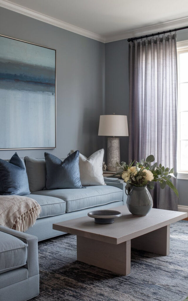 A photo of a beautifully designed blue and grey living room with a harmonious blend of layered tones. The walls are painted a soft misty grey, creating a tranquil atmosphere. A plush, very cozy dusty blue sofa anchors the space. Throw pillows in denim blue, slate, and dove grey are arranged artfully along the sofa, adding texture and visual interest. A textured slate-grey area rug grounds the seating area. A low-profile wooden coffee table with a light ash finish is placed in front of the sofa with a grey ceramic vase of flowers. In the background, sheer grey curtains filter natural light, casting a soft glow that enhances the depth of color in the room. A large abstract canvas in layered blues and greys hangs above the sofa, tying the color palette together.