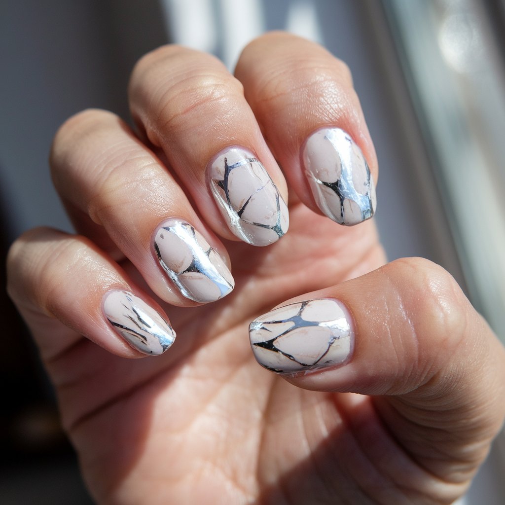 A close-up photo of a well-moisturized oily woman's hand with soft white chrome nails. The nails have intricate marble-like patterns and metallic silver veins. The hand is in a relaxed pose, showcasing five fingers. The background is blurry and contains natural bright sunlight from a window. The sunlight reflects off the smooth chrome nails, creating a subtle shine that enhances the faux-stone detail. The hydrated skin adds a natural glow, contrasting the crisp, cold marble look with warm radiance. Each nail is a tiny work of abstract art.