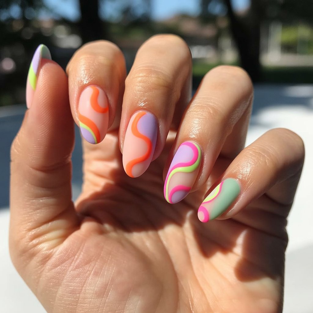 A photograph capturing a close-up view of a woman's hand, showcasing five elegantly shaped nails. Each nail features a soft pastel base—pale pink, lavender, and mint—adorned with swirling, matte neon patterns in vibrant shades of orange, pink, and lime green, creating a retro, dreamy aesthetic. The almond-shaped nails rest gently against a softly blurred outdoor backdrop bathed in bright sunlight, highlighting the contrast between the matte nail art and luminous skin. Subtle dappled sunlight creates a gentle radiance around the hand, accentuating the healthy glow of the skin and playful artistry of the nails.