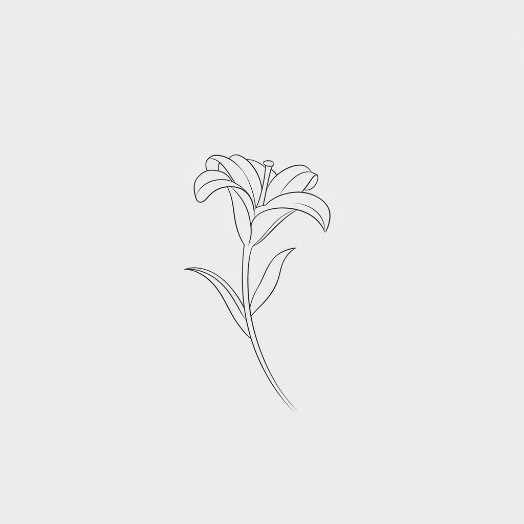 A minimalist, plain white background pencil drawing illustration of a single lily flower. The flower is outlined using only a few elegant, curved strokes. The stem is a simple, fluid line flowing downward with minimal curve. The flower's identity is unmistakable, and the quiet sophistication of the plain white background allows the clean form to stand out boldly.