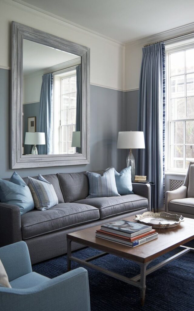 A blue and grey living room with a large grey-framed mirror on one wall. There's a cozy sofa in storm-grey with light blue and steel-toned cushions below the mirror. The mirror's washed wood frame adds rustic character and reflects the natural light from nearby windows. The windows have blue-grey curtains. Across from the sofa, there's a walnut coffee table with a stack of art books and a silver tray. A navy wool rug is placed on the floor, providing grounding texture. The room has a layered, airy, and timeless design.
