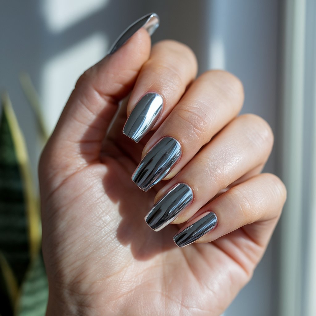 A close-up photo of a well-moisturized oily woman's single hand with five fingers elegantly splayed in a relaxed pose. The nails are long-length ballerina shaped and coated in a classic, ultra-glossy silver chrome polish. The chrome nails shine like liquid metal, catching every glint of light from the natural bright sunlight streaming through a window. The blurry background contains a plant. The skin looks nourished and luminous, while the chrome reflects crisp lines and shadows, enhancing the clean, confident aesthetic of this timeless style.