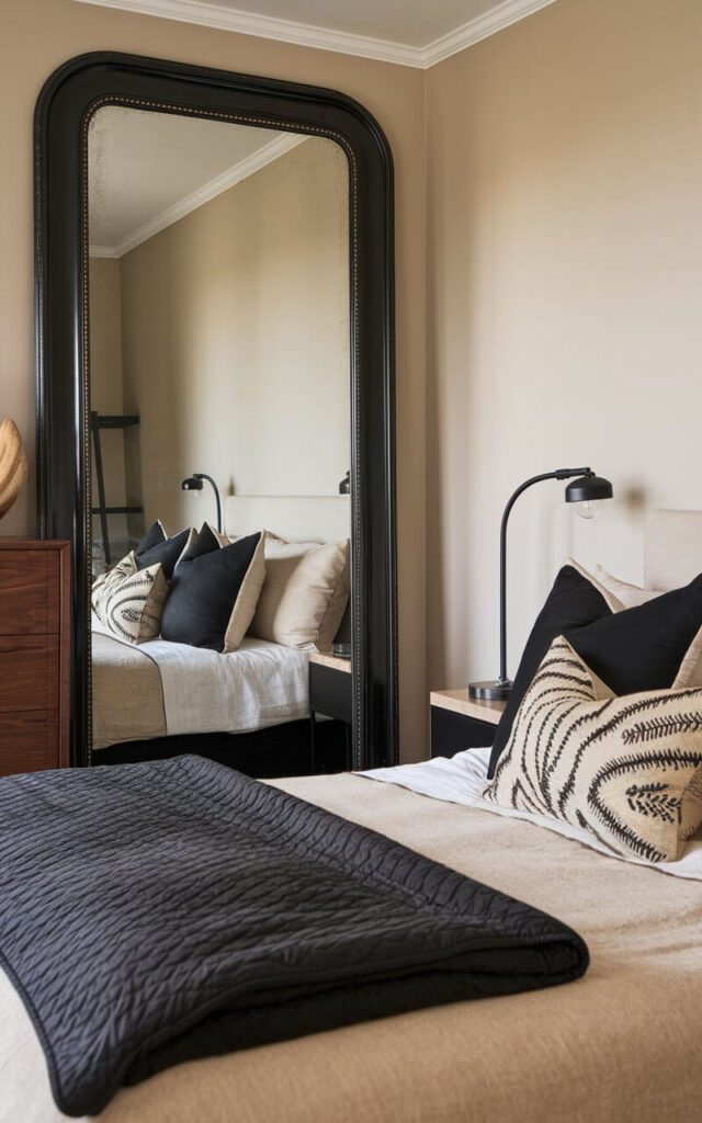 A black and beige bedroom designed with balance and style, centered around a large black-framed mirror above a large wooden dresser on the left side of the wall reflecting a very cozy bed layered with well-decorated bedding. The mirror leans against a beige wall, bouncing soft morning light across the room. The bed is dressed in layers—beige cotton sheets, a black quilt folded neatly at the foot, and a mix of patterned and solid pillows. On one side, a black metal lamp sits on a narrow nightstand. The overall ambiance is refined, relaxed, and full of visual interest thanks to the mirror's presence.