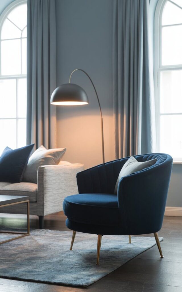A photograph of a luxurious living room centered around a navy accent chair with plush velvet upholstery and gleaming brass legs. The chair is angled slightly towards a medium grey cotton-linen blend sofa adorned with navy and light grey cushions, sitting on a soft wool rug in silvery tones, and a low smoky-finished wood coffee table sits between them. Behind the chair, a tall matte black arc floor lamp casts a warm glow across the room, illuminating the soothing grey-blue walls and tall, pale grey curtains framing the windows. Soft natural light streams through the windows, creating a serene and well-balanced atmosphere.