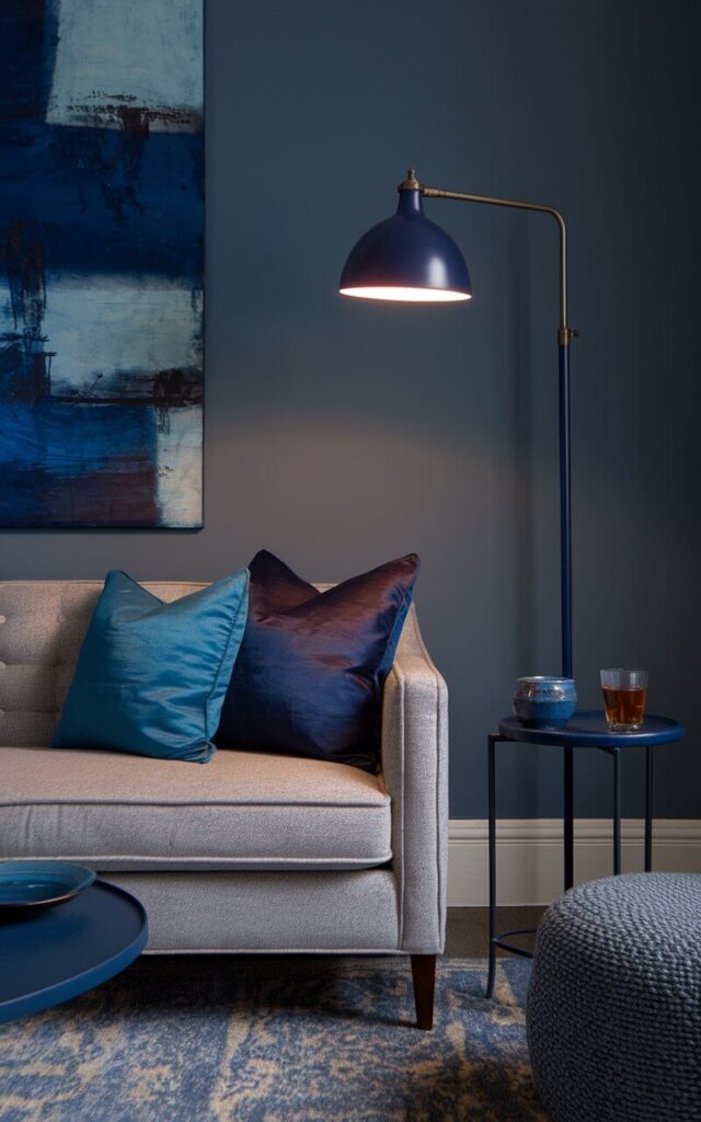 A photo of a blue and grey living room with a tall navy floor lamp with a brushed brass neck standing beside a cozy sofa in ash grey. The lamp's rich color mirrors deep blue accents throughout the room, including silk throw pillows and abstract wall art above the sofa. The light from the lamp glows warmly across a slate-toned area rug and a textured grey ottoman. A small side table nearby holds a blue ceramic bowl and a glass of tea, adding to the lived-in comfort of the space. The lamp not only adds a burst of color but also elegantly balances function and form.