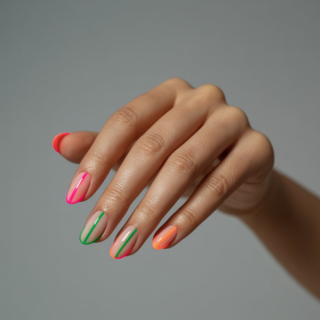 A close-up studio photograph showcases a woman's hand against a seamless, soft gray backdrop, highlighting the minimalist neon nail art. Five elongated, oval nails are the central focus, adorned with clean, thin lines in vibrant neon pink, emerald green, and electric orange tracing their edges and forming abstract geometric shapes. The hand rests in a relaxed, slightly curved pose, bathed in soft, diffused light that accentuates the luminous quality of her oily skin and creates subtle reflections on the nails. The background remains intentionally blurred and out of focus, further emphasizing the sleek, modern contrast between the bare skin and the striking neon design, creating a visually captivating and graphic aesthetic.