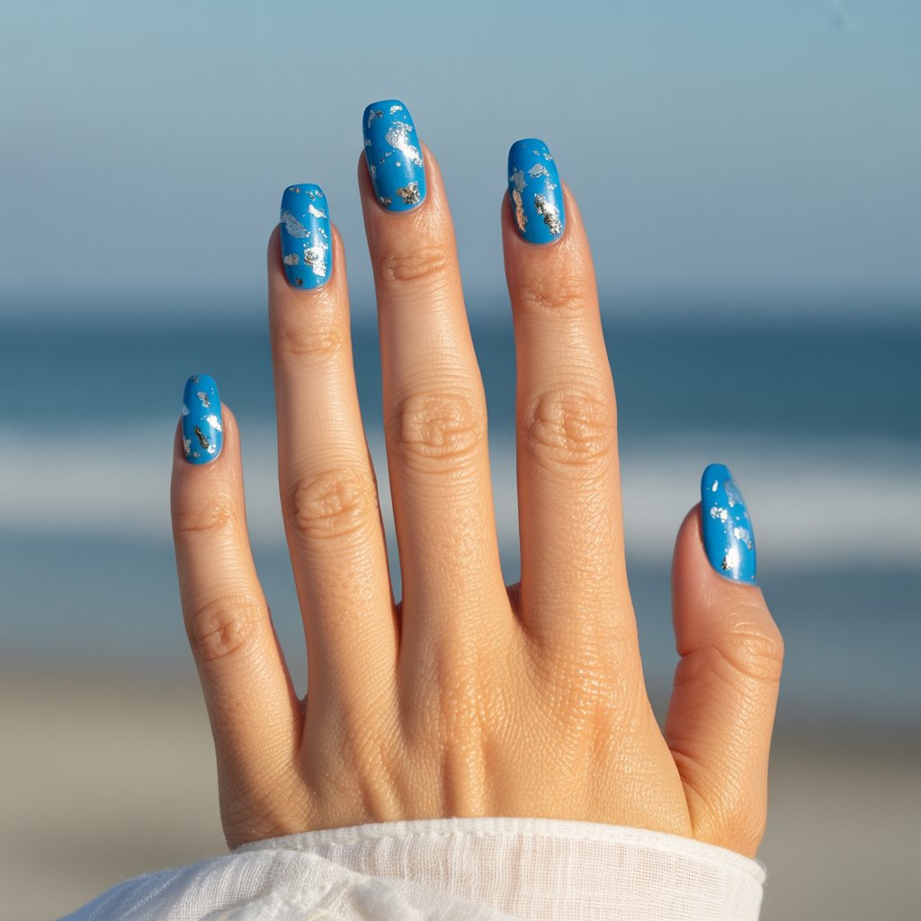 A studio portrait photograph focuses on a woman's hand, showcasing five fingers adorned with electric neon blue nail polish speckled with scattered silver foil pieces. The long, ballerina-shaped nails shimmer under a soft, diffused light, highlighting the foil's multidimensional gleam against a blurred background of a serene ocean beach. A subtle dewiness enhances the skin's moisturized texture, juxtaposing the vivid neon polish with a luxurious, cosmic vibe, as the hand rests gently on a white linen surface. The overall composition is clean and minimalist, emphasizing the hand as a captivating subject of artistry and elegance.
