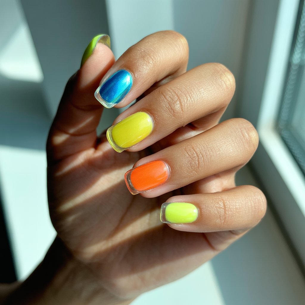 A photograph showcasing a close-up of a woman's hand, displaying five fingers splayed in a relaxed pose. Each finger is adorned with bold neon chrome nails featuring transparent jelly tips, reflecting vibrant electric blue, yellow, and citrus orange hues from a nearby window. Soft, diffused sunlight gently illuminates the hand, highlighting the subtle glow of her well-moisturized skin and creating a soft, blurry background. The overall impression evokes a sense of joyful, unapologetic color and youthful energy.