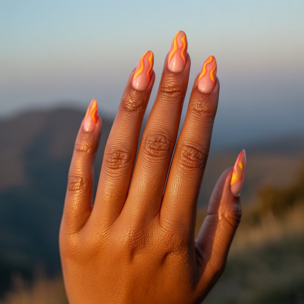 A hyperrealistic close-up photograph showcasing a single, well-moisturized hand belonging to an oily black woman. The five fingers exhibit vibrant neon flame art, seamlessly fading from intense orange to a soft pink on an almond-shaped nail base, with sharp outlines radiating a fiery, dynamic energy. The hand rests naturally against a blurred backdrop of an outdoor mountain sunset, bathed in gentle sunlight that reflects softly on the skin, creating a harmonious glow that complements the nails' vibrancy. The sky is a wash of orange, and the overall composition emphasizes the interplay of light, color, and texture, highlighting the fierce beauty and delicate details of the hand and nail art.