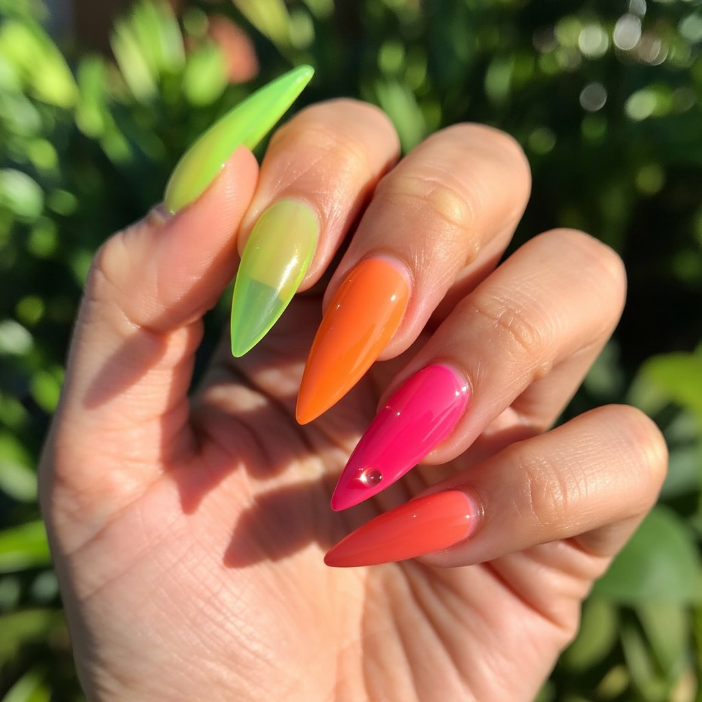 A photograph focusing on a woman's hand, showcasing five long, stiletto nails painted with translucent neon jelly colors. The nails exhibit vibrant hues of lime, tangerine, and hot pink, reflecting a candy-like glass effect under bright sunlight. The hand rests gently against a softly blurred background of lush greenery, emphasizing the semi-transparent texture and saturated colors, with the skin appearing luminous and subtly moisturized.  A single dewdrop glistens on one nail, enhancing the playful and youthful design.