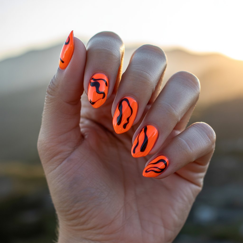 A striking close-up photograph of a woman's hand against a blurred, golden sunset backdrop of distant mountains. Five fingers, gracefully curved in a relaxed pose, are the sole focus, each adorned with bright neon orange nail polish and irregular, flowing black abstract scribbles that resemble brushstrokes. The arrow-head shaped nails boast a high-gloss finish, reflecting the warm light, while the skin exhibits a subtle, healthy sheen emphasizing the graphic contrast between the vibrant polish and the artistic black detailing. Soft, natural light from the setting sun illuminates the hand, creating gentle highlights and a tranquil, artistic mood, transforming each nail into a miniature canvas displaying “abstract expressionism”.