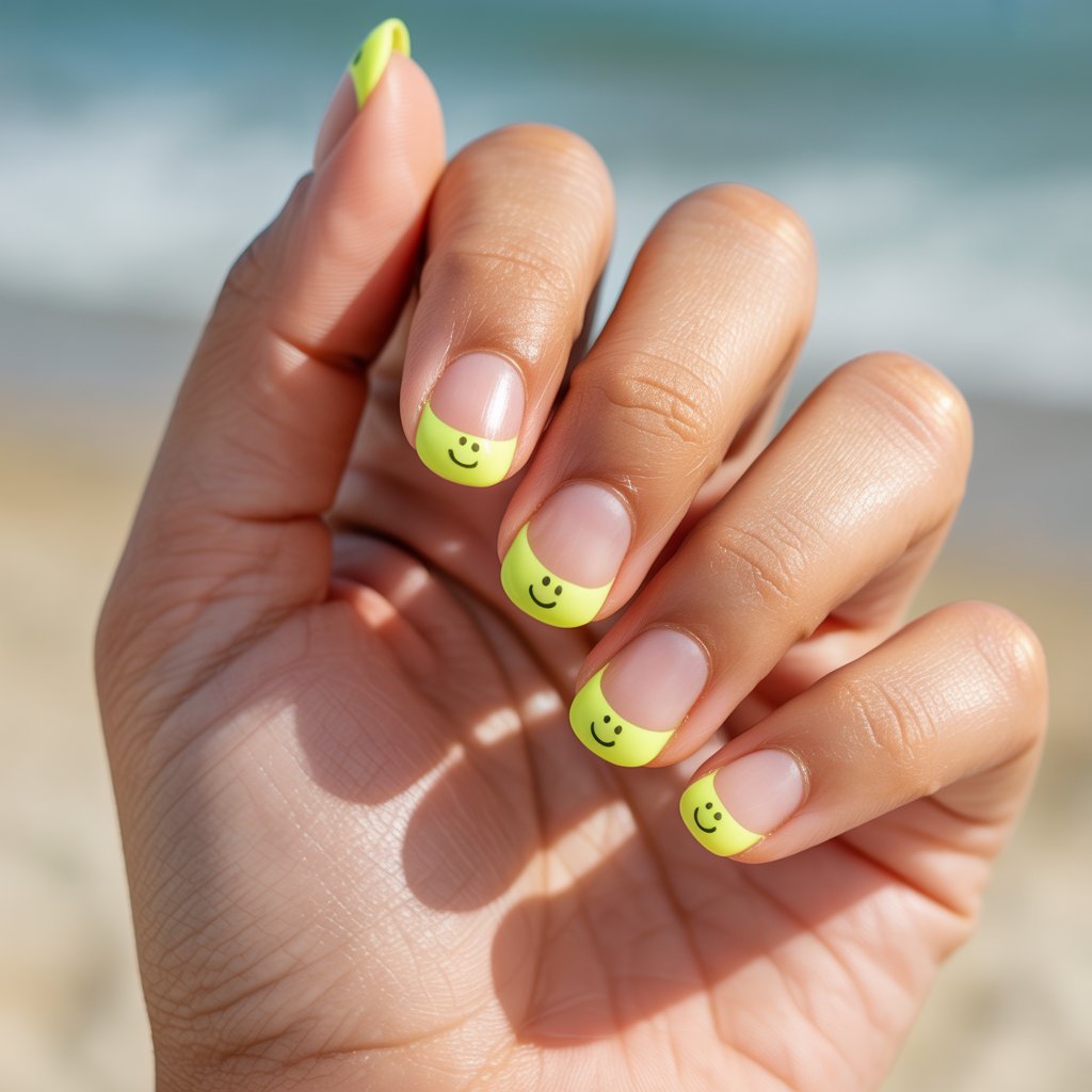 A macro photograph of a single, well-moisturized woman's hand showcasing five fingers adorned with short, rounded neon yellow French tips each featuring tiny black smiley faces. The hand is gently angled upwards, bathed in the soft, natural light of a sun-drenched outdoor beach with a blurred background of golden sand and turquoise water. The playful nail design contrasts beautifully with the skin’s dewy, pink undertones, creating a cheerful and youthful vibe. Soft shadows play across the hand, highlighting the texture of the skin and the intricate details of the smiley faces, enhancing the overall feel-good aesthetic.