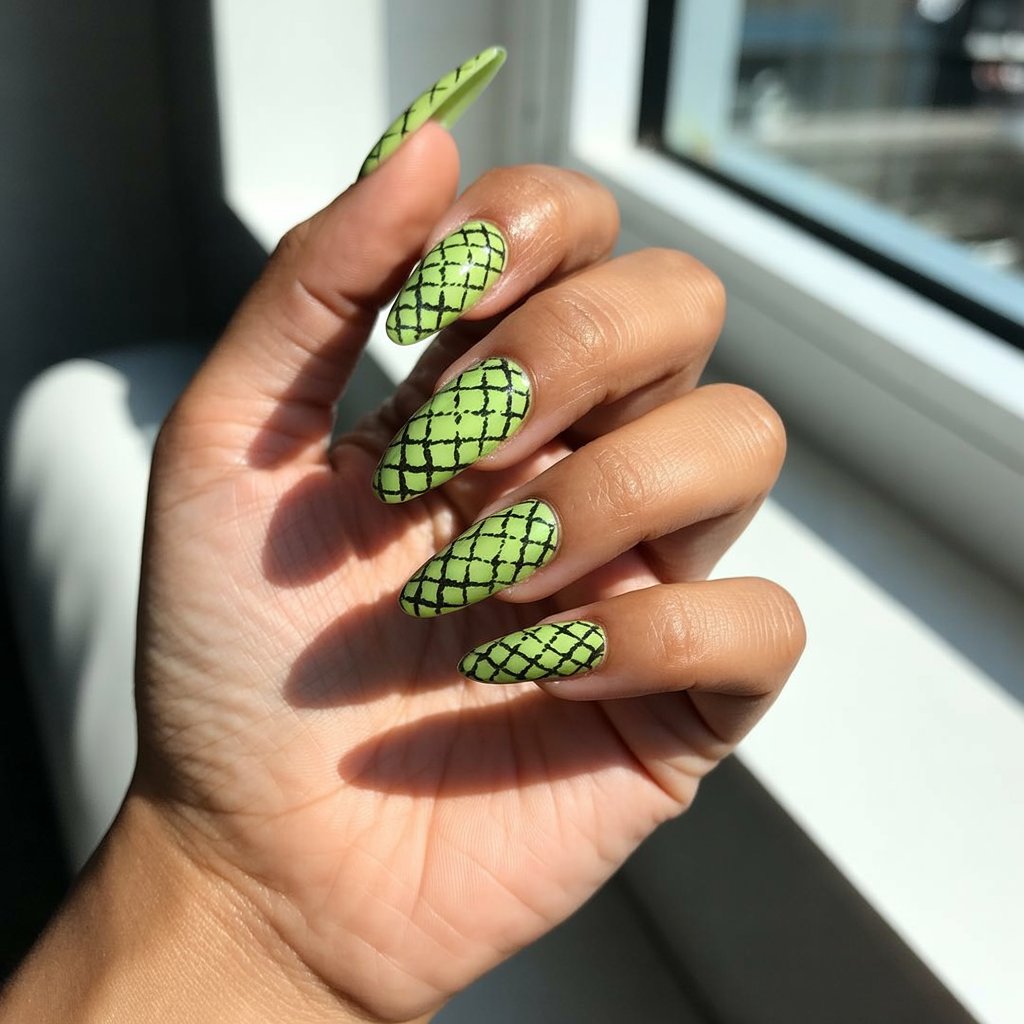 A photograph showcasing a close-up of a woman's hand, the sole focus against a softly blurred background. Each of her five fingers is adorned with long, fierce stiletto neon nails painted a striking lime green, intricately overlaid with a black snake print pattern. The hand rests gently, the fingers slightly fanned to accentuate the dramatic nail length and design, highlighting the texture of the scales. Natural, bright sunlight streams in from a nearby window, catching the oily skin in a subtle sheen and casting a gentle contrast that draws attention to the bold, confident vibe of the "neon snake nails".