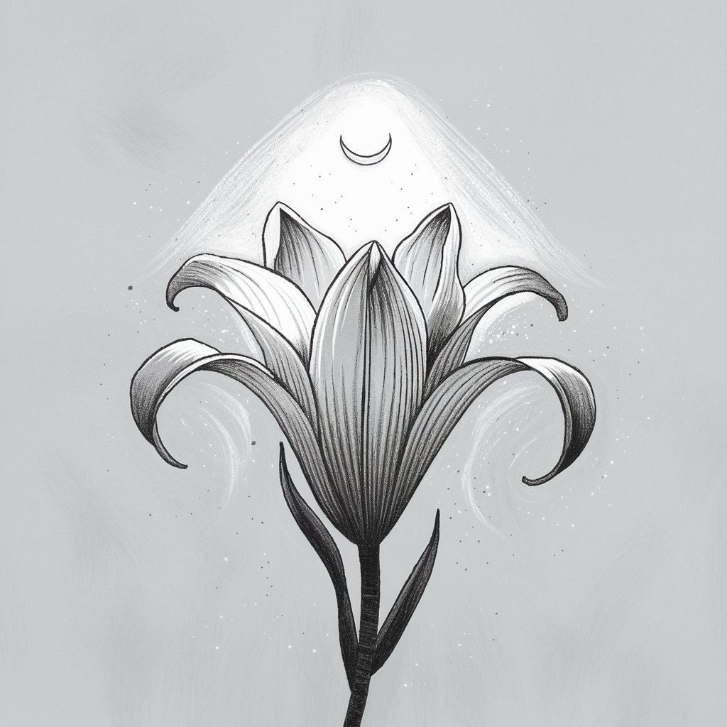 A minimalist, plain white background pencil drawing illustration of a lily flower unfolding under moonlight. The flower is drawn in a simplistic style, with the petals appearing slightly more curled and shadowed. There are light pencil marks suggesting a dim glow from above. A crescent moon hovers faintly in the background, while tiny dots evoke stars surrounding the flower. The shading on the petals is soft but deliberate, adding a moody, nocturnal ambiance.