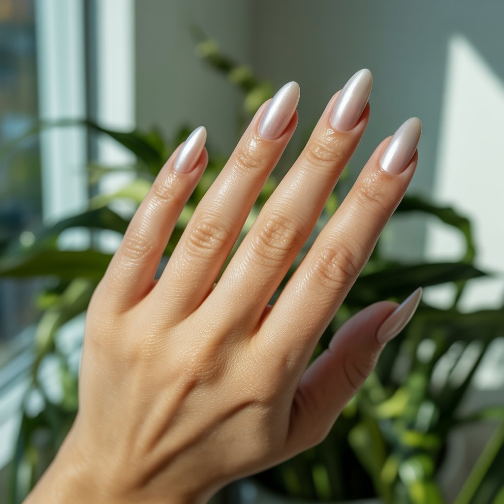 A photograph capturing a close-up of a woman's hand, the sole focus of the image. Five fingers are gently extended, showcasing softly stiletto nude chrome nails that gleam subtly in natural sunlight streaming through a window. The nails exhibit a pearlescent finish, shifting between ivory and champagne, while the skin is smooth and dewy, contributing to a serene, spa-like aesthetic. A soft, out-of-focus background of lush green plants provides a tranquil backdrop, highlighting the hand’s quiet elegance.