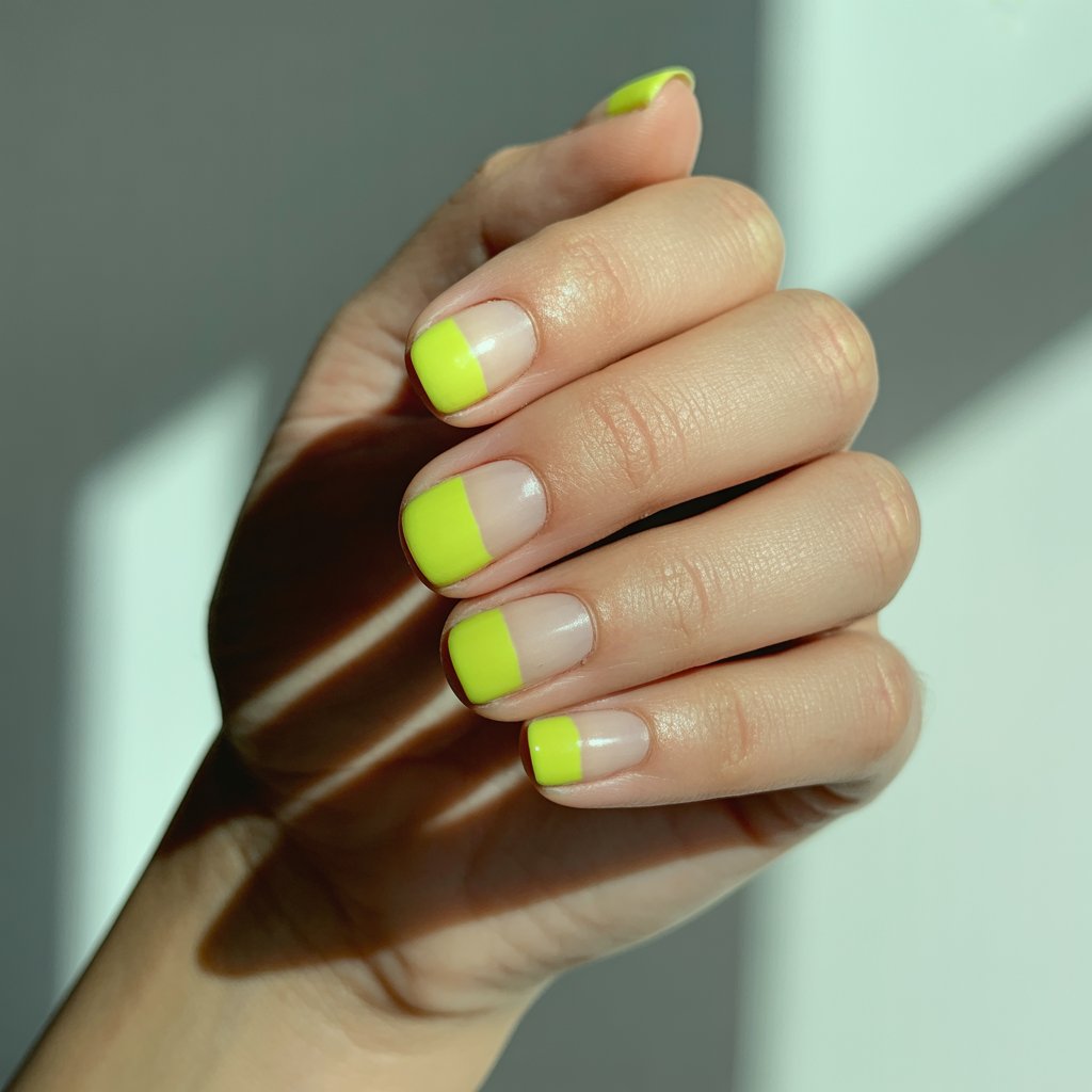 A minimalist studio portrait photograph focuses on a woman’s hand, showcasing perfectly manicured nails divided diagonally into soft nude and vibrant chartreuse neon halves. The short, square nails exhibit a clean, sharp division between the colors, their glossy finish reflecting the surrounding light, while her skin displays a subtle, healthy sheen. Natural, diffused sunlight streams in from a softly blurred window, highlighting the nails' vibrant contrast against a neutral background. The composition emphasizes the hand’s relaxed posture and the striking color-blocked design, creating a contemporary editorial aesthetic.