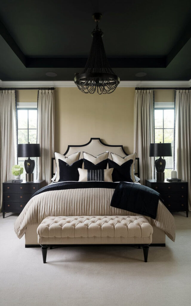 A photo of a black and beige bedroom with a bold black-painted ceiling that creates a cocoon-like effect over a cozy bed layered in well-decorated bedding. The ceiling contrasts beautifully with the beige walls and cream curtains. The bed is luxuriously made with a quilted beige comforter, black linen pillows, and an oversized throw that adds drama. A black chandelier hangs low for intimacy, while the bed's beige tufted base adds warmth. Black side tables with sculptural lamps frame the bed, and a soft, low-pile beige carpet grounds the space with elegance and calm.
