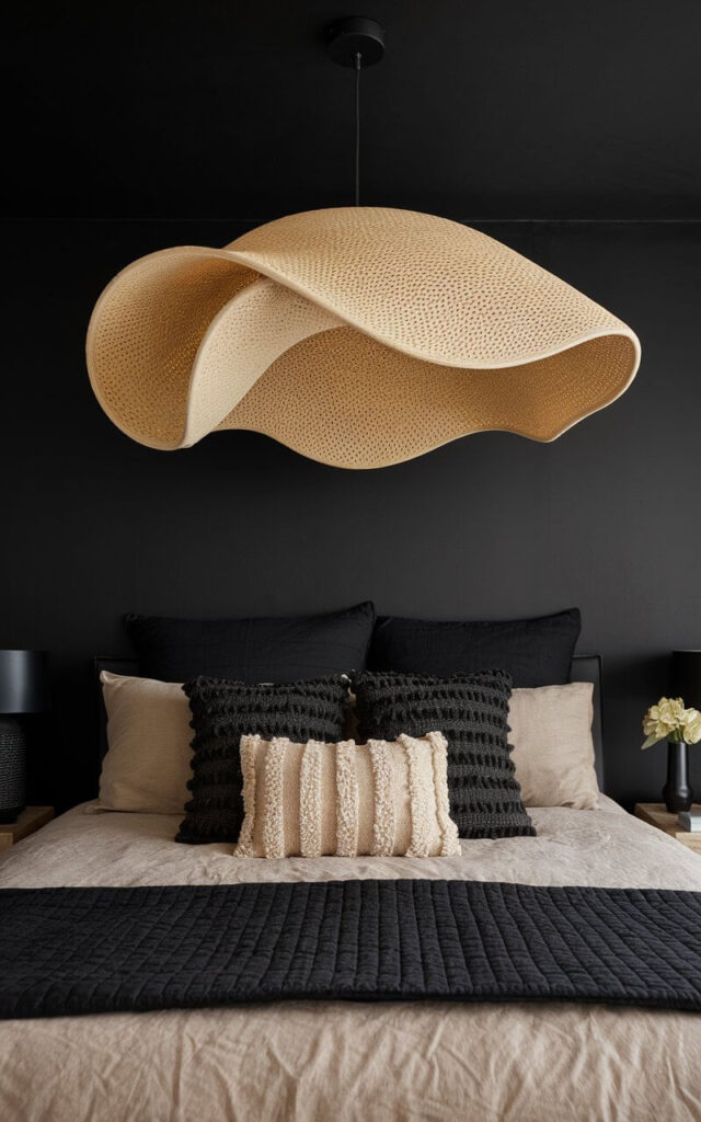 A photo of a black and beige bedroom with a sculptural beige pendant light hanging over a cozy bed. The pendant light is made of natural fibers and has a modern abstract form. It casts a soft, dappled glow across the room. The bed has stone-washed beige sheets, a jet-black quilt, and a variety of textured pillows in sand, espresso, and ivory. The ceiling is black.