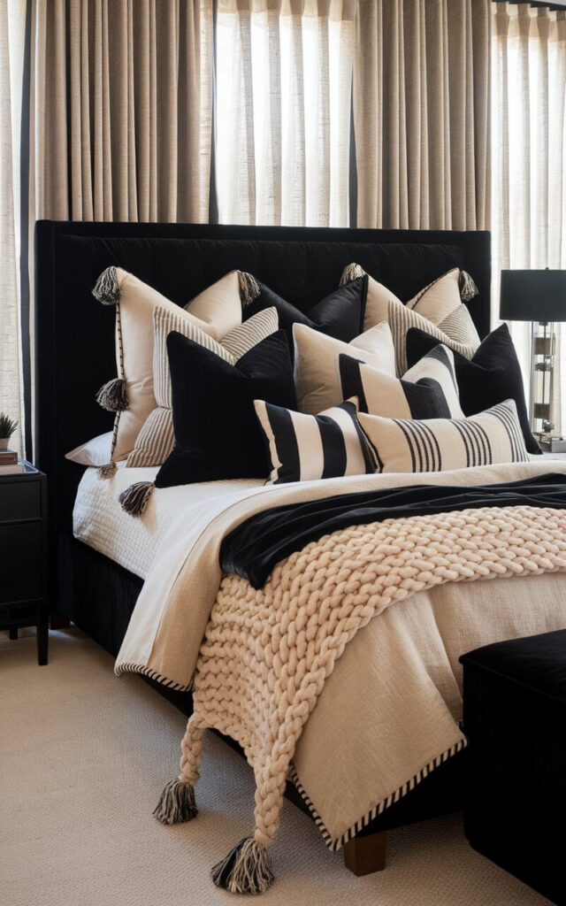 A cozy black and beige bedroom with a bed stacked high with a playful mix of throw pillows. The bed is grounded by a neutral beige comforter and is flanked by black-framed nightstands. The room has a rich blend of textures and patterns, including velvet black, chunky beige knits, soft stripes, and tasseled corners. The pillows are layered intentionally, from large euro shams to lumbar accents. The room is lit by natural light filtering in through gauzy beige curtains.