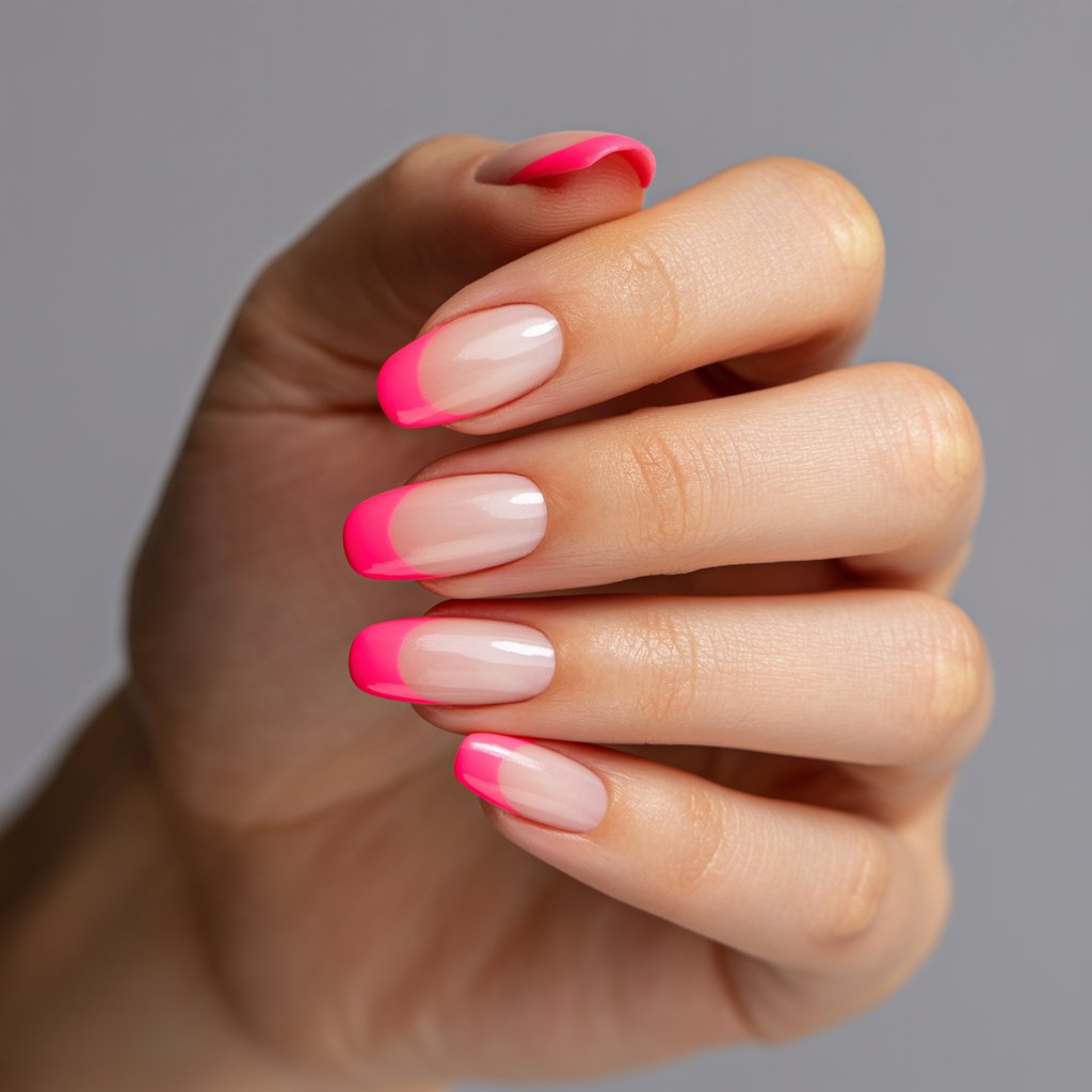 A close-up studio photograph showcasing a woman's hand elegantly styled with sharp, neon electric pink French tips against a clean nude base. The almond-shaped nails are perfectly sculpted, exhibiting pristine cuticles and sheer, natural nail beds that contrast beautifully with the vivid arcs of pink. Soft, diffused window light illuminates the hand, highlighting the smooth skin and casting a gentle glow on the vibrant pink tips, enhancing their intensity. The background is a seamless, soft grey gradient, ensuring all focus remains on the meticulously manicured nails, conveying a playful yet sophisticated aesthetic—reflecting the phrase "French Twist".