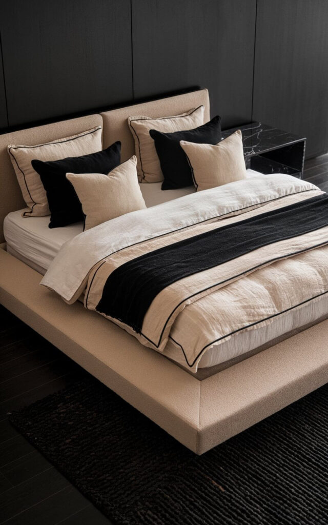 A minimalist black and beige bedroom with a low beige platform bed. The bed is layered with well-decorated bedding, including flax linen sheets, a cream-colored duvet, and black and sand-toned pillows arranged symmetrically. The platform bed, upholstered in a nubby beige fabric, creates a floating effect against the dark wood floor. A pair of sleek black nightstands with marble tops frame the bed. A textured black rug softens the overall look, bringing warmth and balance to the serene layout.