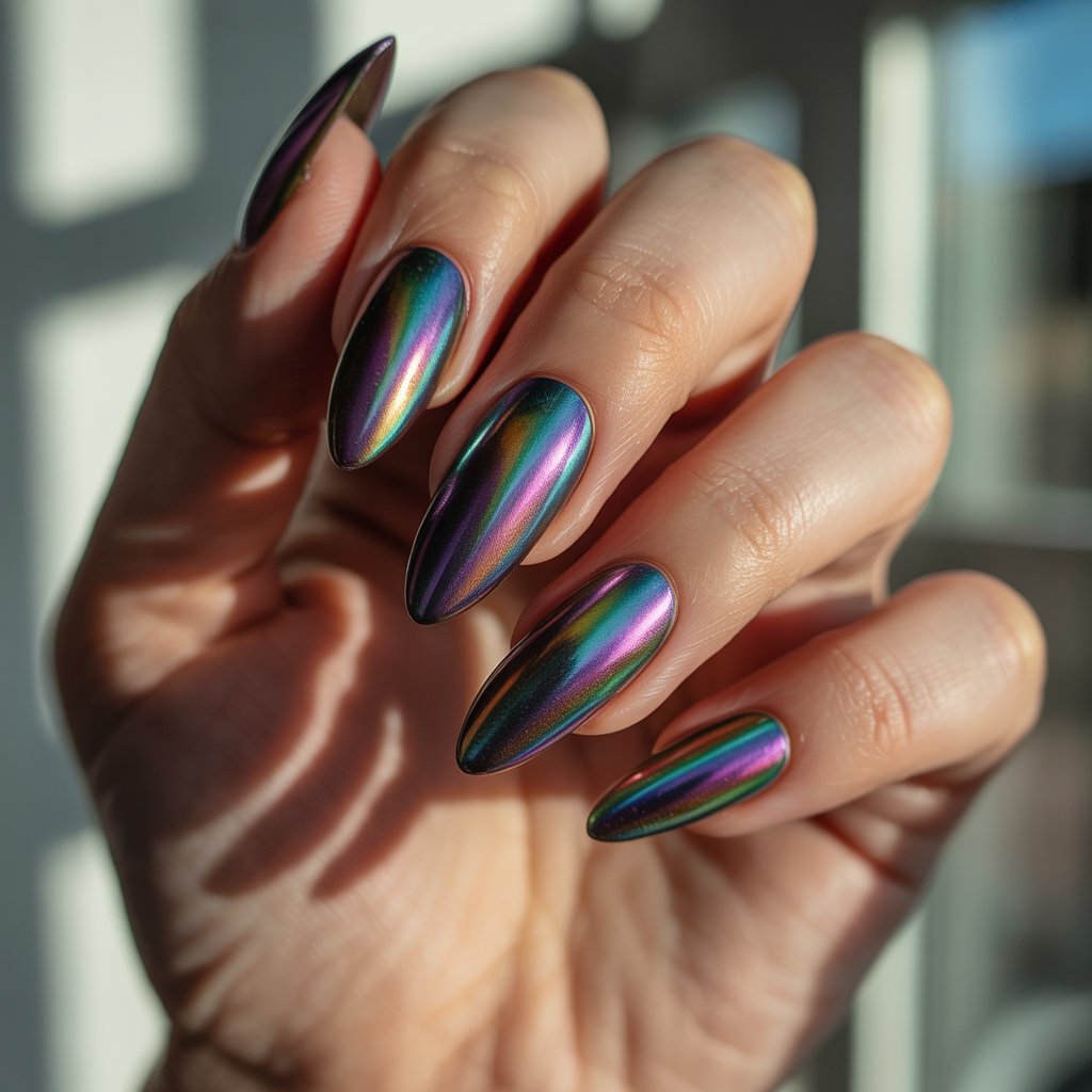 A striking close-up photograph showcases a woman's hand, elegantly posed with five fingers gently fanned. The chrome nails are meticulously shaped into stiletto points and coated with a mesmerizing oil-slick rainbow finish, displaying shifting hues of purple, teal, bronze, and green that mimic swirling gasoline. Bathed in the soft glow of natural sunlight filtering through a blurred window, the nails capture and scatter light, creating a captivating display of chromatic brilliance. A subtle, creamy moisture enhances the flawless chrome surface, complementing the vibrant polish and lending a delicate luminosity to the image.