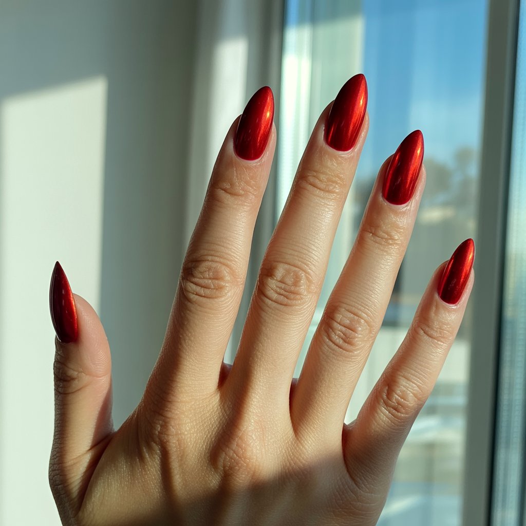 A photograph of a woman's hand prominently displayed against a softly blurred window background. The hand confidently exhibits five fingers, each adorned with long, stiletto-shaped nails finished in a vibrant red chrome. These nails brilliantly reflect the sunlight streaming in, creating fiery crimson highlights that shimmer on the richly moisturized skin of the hand and adding to the intense visual impact. The diffused natural light illuminates the hand, casting subtle shadows and emphasizing the bold glamor of "red chrome nails."
