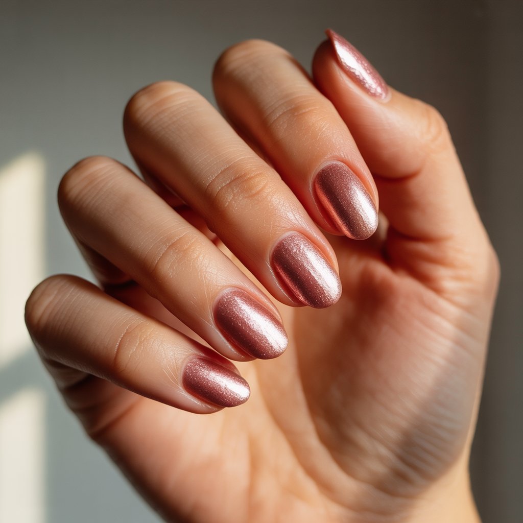 A close-up studio photograph focusing solely on a woman's hand, showcasing five fingers in a relaxed, slightly curved pose with the palm facing upwards. Each almond-shaped nail is meticulously coated in a glistening rose gold chrome finish, reflecting warm sunlight from a soft, out-of-focus window and exhibiting subtle shifts of pink and gold with a romantic yet edgy luster. The skin appears exceptionally well-moisturized, subtly glowing with hydration, while delicate veins are subtly visible beneath the surface, adding a touch of realism to the polished metal sheen. A shallow depth of field blurs the background into a soft gradient of neutral tones, drawing all attention to the hand and its shimmering, chrome-clad nails.
