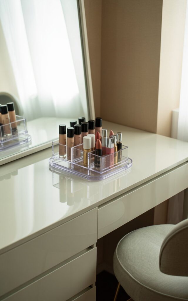 A photograph of a sleek, minimalist bedroom vanity with a clear rotating caddy as its focal point. The caddy, positioned perfectly in the center of the glossy white tabletop, contains neatly arranged skincare serums and lipsticks, showcased within individual compartments. A frameless mirror reflects the tidy scene, while a light gray stool with a curved back sits comfortably nearby. Soft, natural light streams in from a window, highlighting the clean lines of the vanity and creating a peaceful, organized atmosphere.