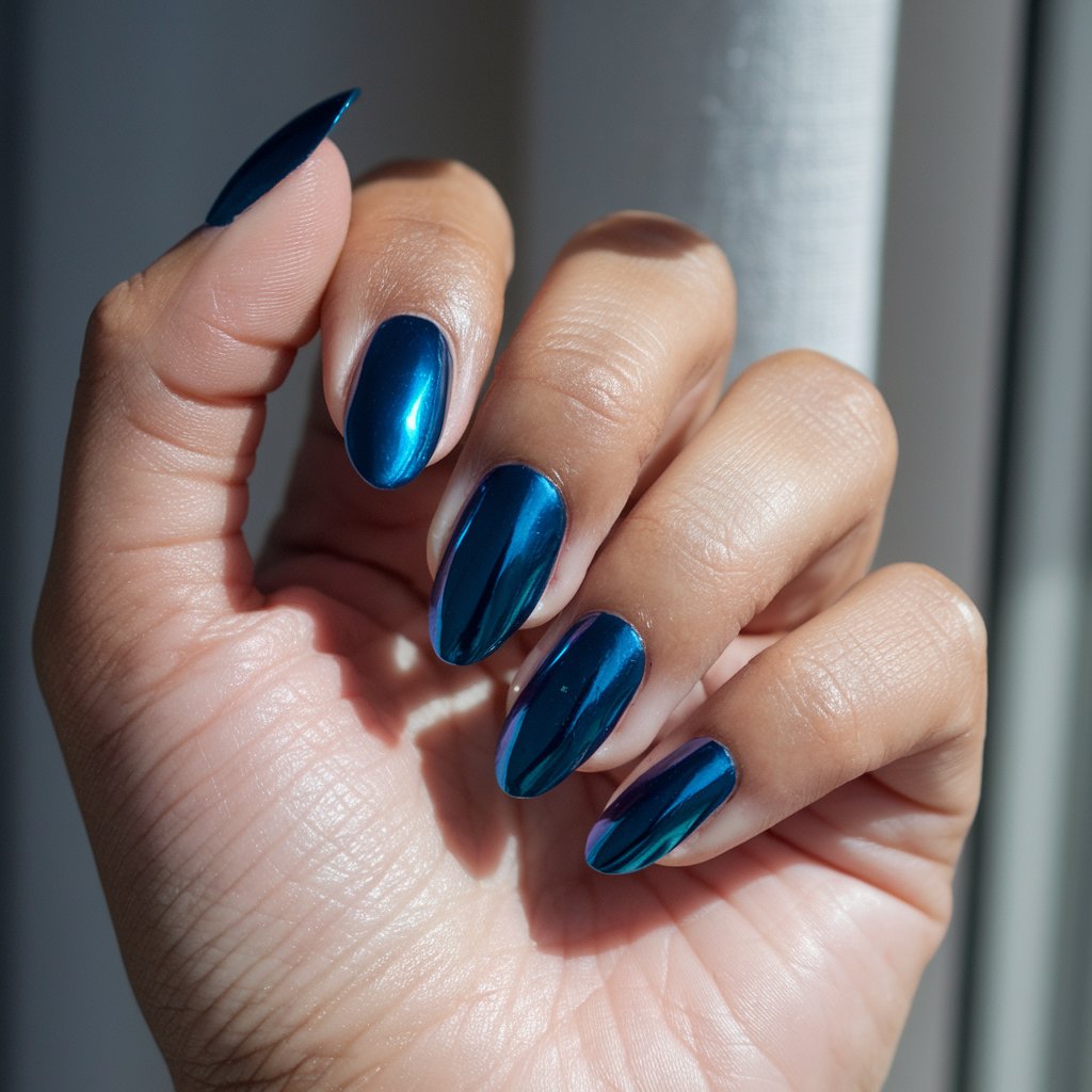 A photo of a woman's hand with five fingers slightly fanned in a relaxed pose. The hand is well-moisturized and oily. The nails are rich sapphire blue and have a chrome finish. The nails are almond-shaped and reflect natural bright sunlight from a window in the background, bouncing deep oceanic tones with a bold mirror finish. The chrome nails glisten like jewels, while the hydrated skin gleams softly. The striking contrast between luminous skin and dramatic chrome evokes luxury and allure with every curve of the hand.