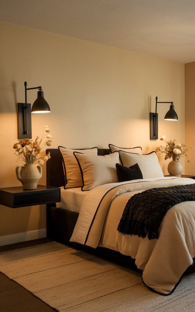 A photo of a softly lit black and beige bedroom. There are matte black wall sconces flanking a cozy bed with well-decorated bedding. The sconces are mounted above floating black nightstands. The warm ambient light from the sconces highlights the layered beige bedding, which includes a black wool throw and coordinating pillows. The walls are painted in a warm neutral color, complementing the black fixtures. A beige area rug adds texture underfoot. The space is decorated with a ceramic vase and dried florals on the nightstands, creating a calm, functional, and design-forward atmosphere.