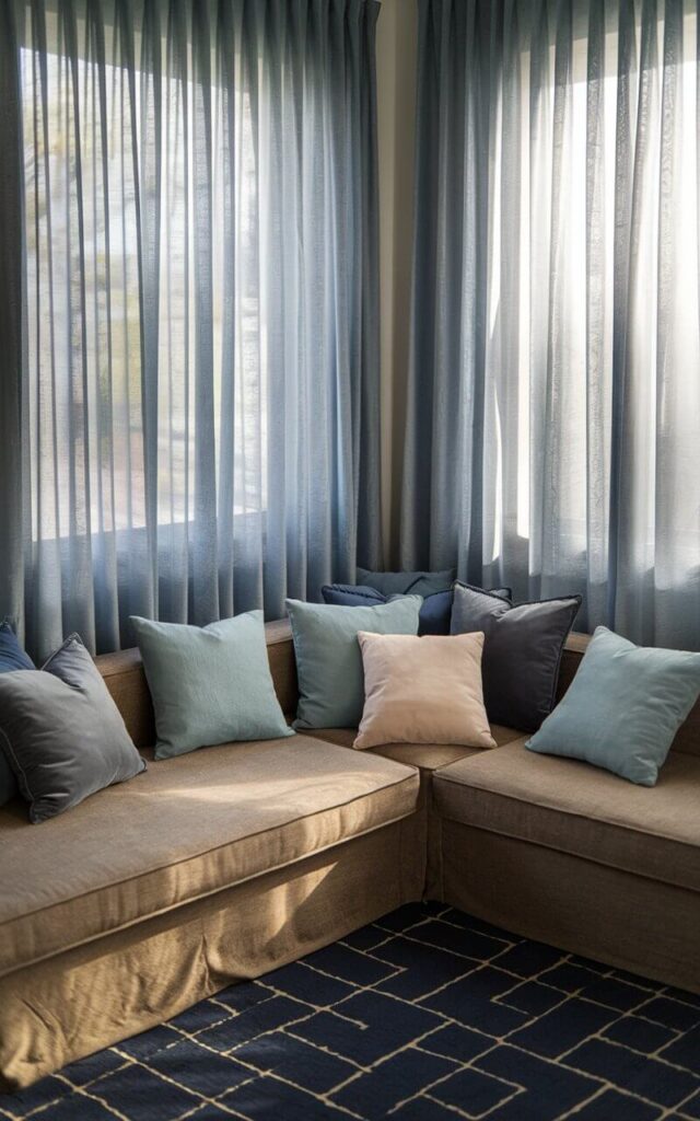 A photo of a blue and grey living room with soft light filtering through sheer grey curtains. There is a cozy sofa beneath the window, dressed in a warm slate fabric and adorned with pale blue and smoky grey pillows. The window curtains sway slightly in the breeze, offering privacy while maintaining an airy, open vibe. A navy rug with a subtle geometric pattern grounds the furniture. The space feels breathable and intimate, perfectly suited for slow mornings and quiet evenings.
