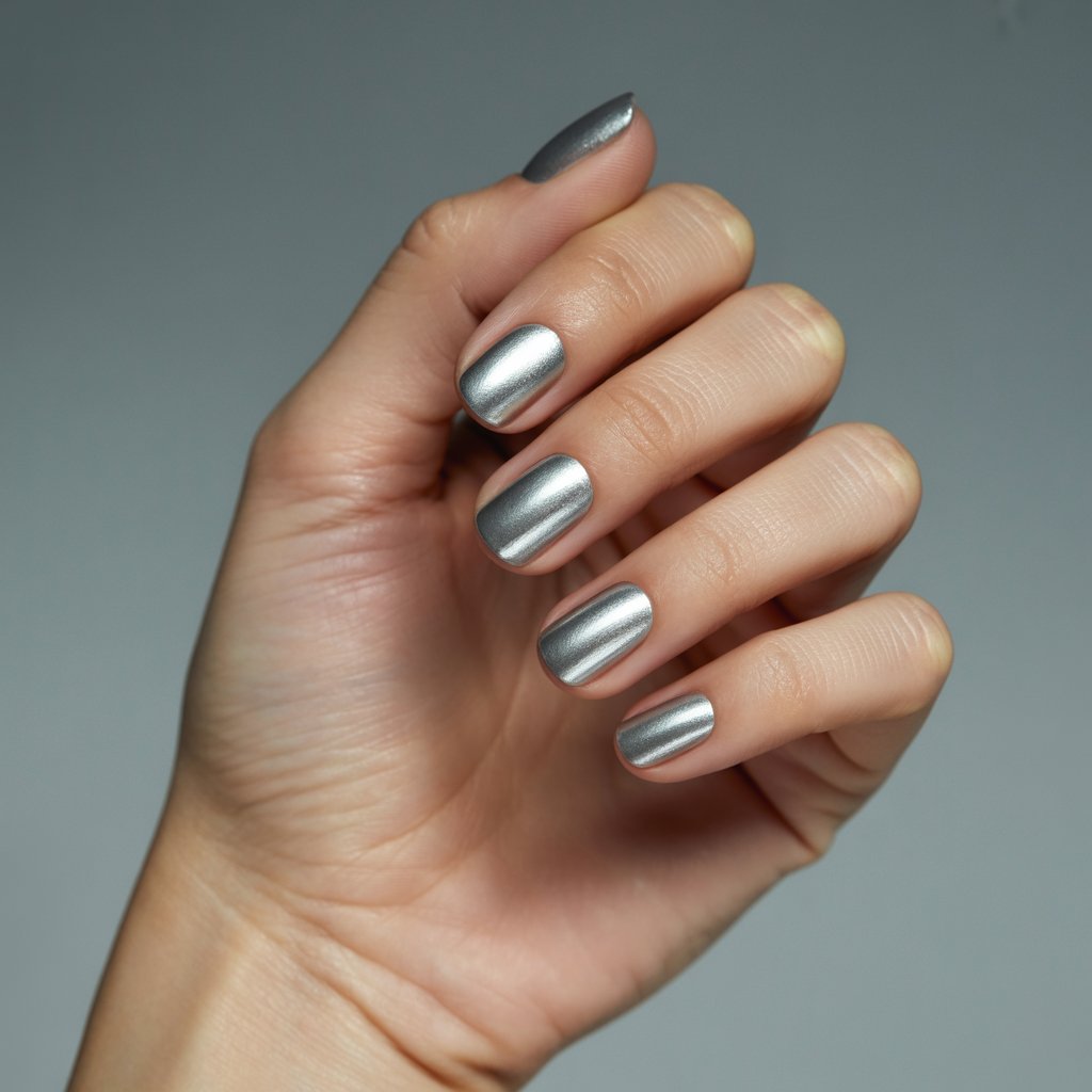 A close-up studio photograph showcases a woman's hand delicately posed against a seamless backdrop of soft, diffused grey. The hand, gracefully arched, presents five perfectly shaped ballerina nails, each coated in a striking "silver chrome" polish that reflects ambient light with a captivating metallic sheen. Subtle variations in the polish's finish create intricate patterns of highlights and shadows, emphasizing the clean lines and flawless application of the manicure, while the skin exhibits a smooth, hydrated texture. Soft, diffused window light gently illuminates the scene, subtly highlighting the chrome effect and ensuring an elegant and polished aesthetic.