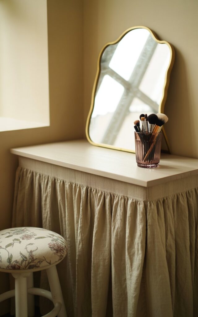 A photograph showcases a charming bedroom vanity with a minimalist aesthetic, featuring a full linen skirt in a gentle oatmeal hue. The vanity top, a narrow white wood slab, holds a vintage-style mirror with scalloped edges and a delicate gold finish, reflecting a soft, diffused light. A single glass tumbler filled with neatly arranged makeup brushes sits on the vanity, while a dainty floral-print stool peeks out from beneath the skirt, adding a subtle touch of color. The scene is bathed in the warm glow of a nearby window, creating an inviting and serene atmosphere.