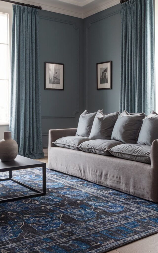 A photo of a living room with a bold blue patterned rug. The rug is grounded, with a navy, cobalt, and ivory intricate detailing. The room has a cozy sofa upholstered in a soft cement grey, featuring overstuffed cushions. A minimalist black coffee table holds a grey ceramic vase. The walls are a muted blue-grey, with framed monochrome prints. Floor-length curtains in a dusty blue hue frame the windows. The statement rug is the true centerpiece, infusing the room with texture and movement while harmonizing perfectly with the subdued furnishings.