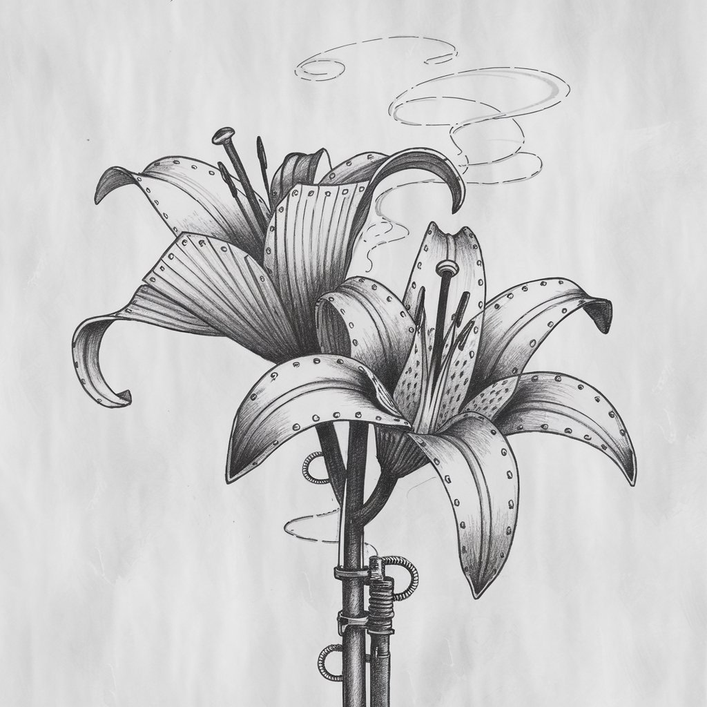 A minimalist, plain white background pencil drawing illustration of a steampunk-themed lily flower. The flower is drawn in a simplistic style with imaginative mechanical details—tiny gears, rivets, and panel lines embedded into the petals. Each petal is slightly rigid and angular, resembling crafted metalwork. A narrow pipe-like stem includes bolts and coils, while faint lines suggest steam curling from the center. The pencil strokes balance structure and fluidity, giving a strong visual contrast against the clean white background. The concept blends organic grace with industrial flair.