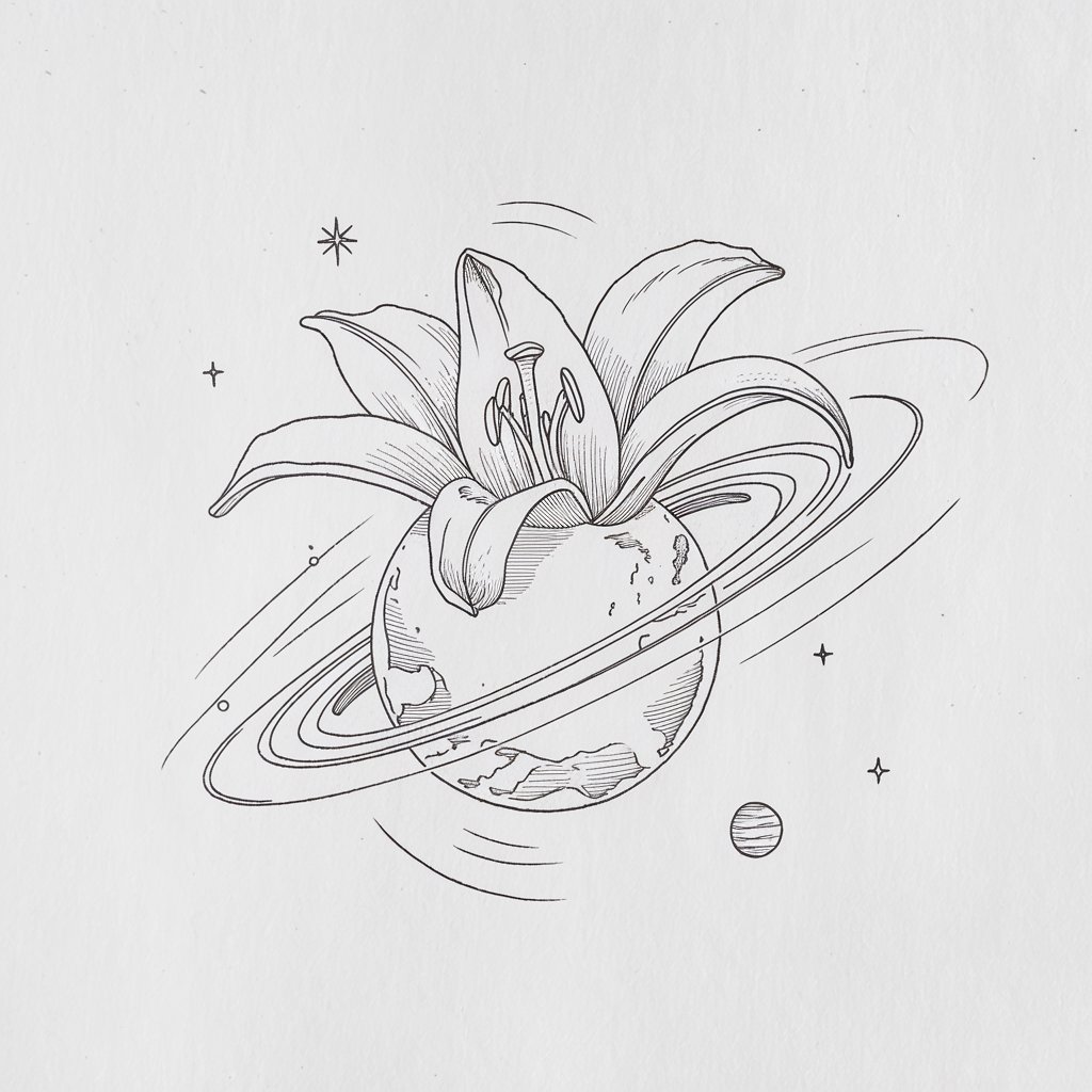 A minimalist, plain white background pencil drawing illustration of a lily flower reimagined as a surreal floating planet. The central bloom replaces the sphere of a planet, with its petals forming natural continents. Small orbiting rings and stars are lightly sketched around it, while subtle craters and surface lines give it a planetary texture. The petals are open and curve outward like solar flares. Clean, minimal lines on the plain white background highlight the whimsical crossover of nature and space in this dreamlike composition.