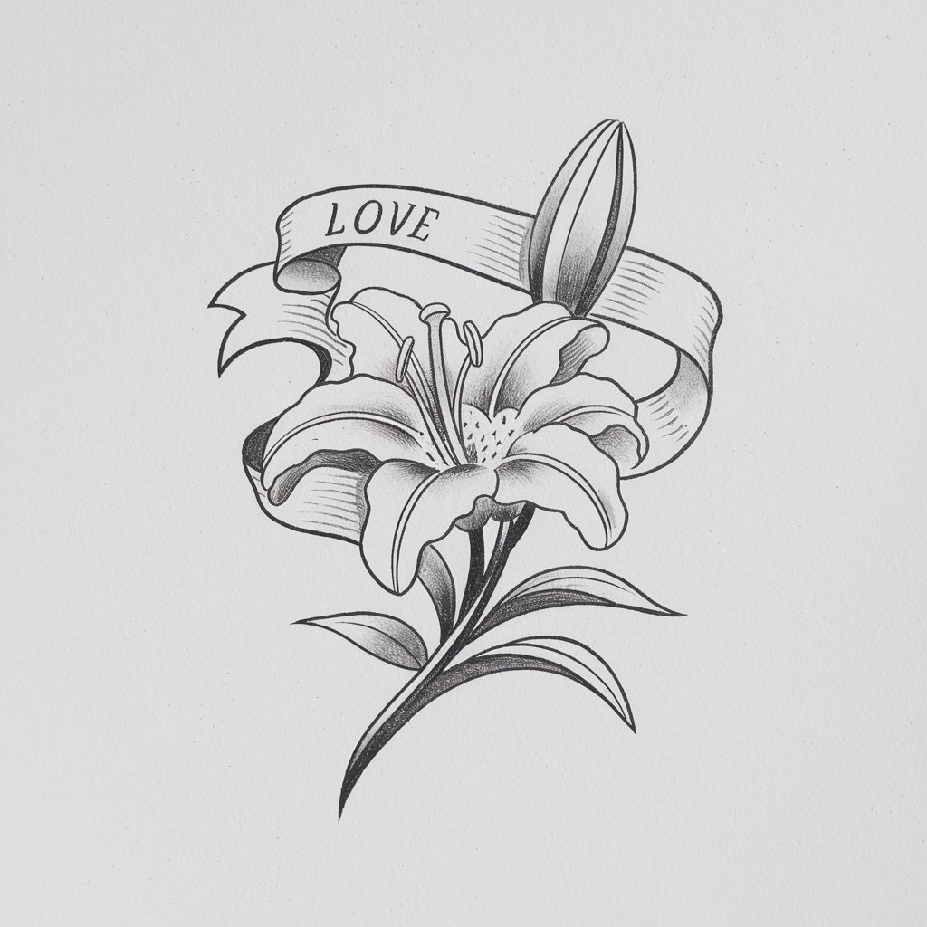 A minimalist, plain white background pencil drawing illustration of a lily flower designed in a retro tattoo style. The lily is drawn in a simplistic style, with thick, confident outlines around each petal. The petals are slightly exaggerated in shape, giving them a bold, graphic presence. A ribbon curves with the text "LOVE" behind the flower, sketched with two folds and light shading. The leaves are pointed and symmetrically placed, enhancing the structured look. Despite the stylization, the drawing maintains a clean layout with balanced spacing, allowing the composition to pop against the plain white background.