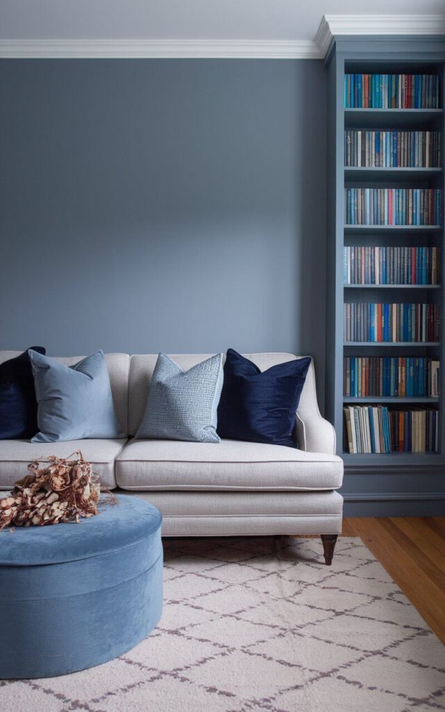 A photo of a blue and grey living room with a cozy dove grey sofa. The sofa is layered with throw pillows in velvet navy, knitted grey, linen blue, and playful patterns. The wall behind the sofa is painted a crisp steel grey. A round ottoman in faded blue sits in front, doubling as a coffee table topped with a bunch of dried flowers. A soft wool rug with subtle geometric patterns covers the hardwood floor. A tall bookshelf filled with blue and grey-toned books adds height and depth.