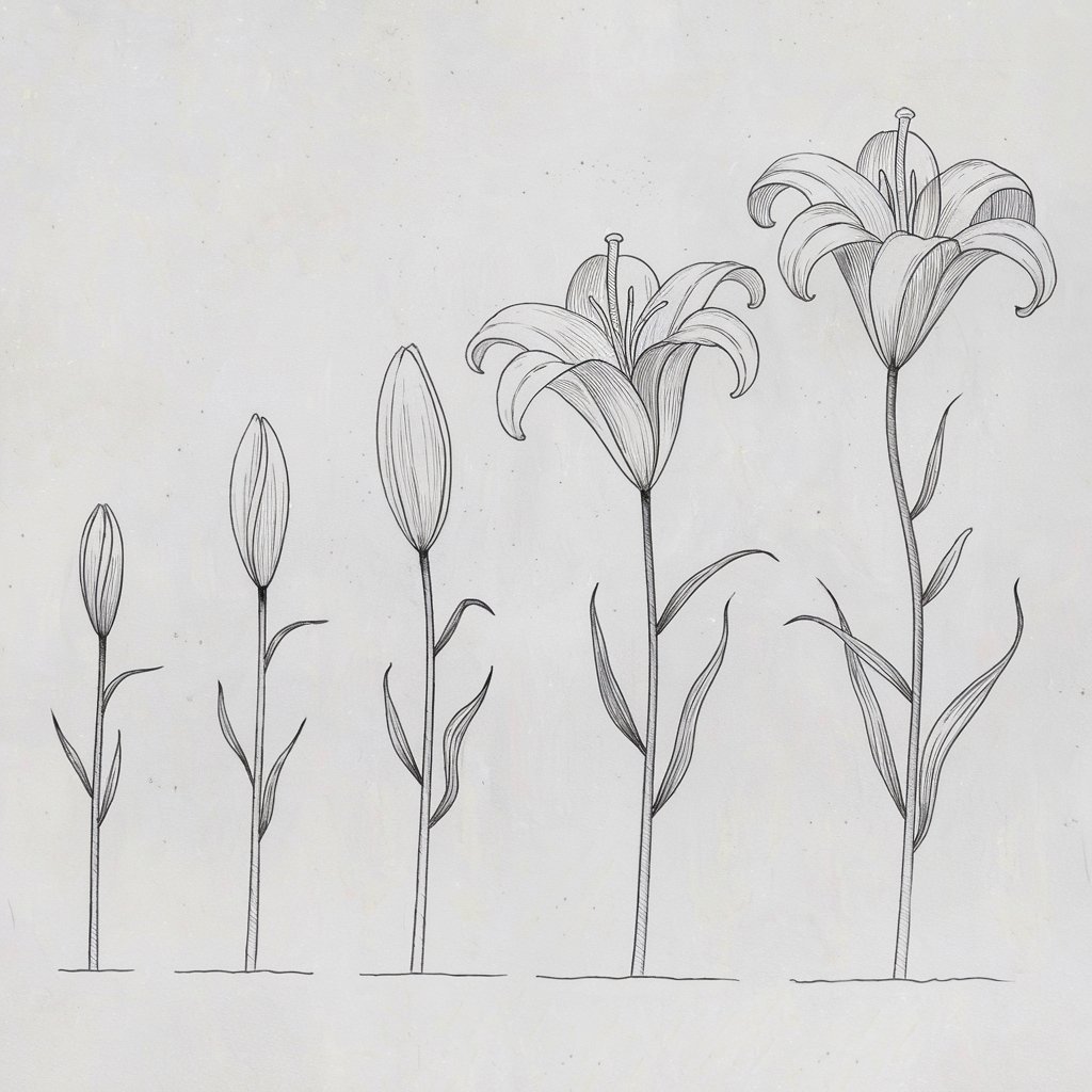 A minimalist, plain white background pencil drawing illustration of a lily flower shown in a horizontal time-lapse sequence. Drawn in a simplistic style, the flower evolves from a tightly curled bud on the left to a fully bloomed lily on the right. Each stage is sketched with clean lines, maintaining uniform structure and spacing. The petals gradually expand and lift with each step, while the stem grows slightly longer and more curved. The repetition is visually soothing, and the plain white background allows each transformation to stand out with clarity.