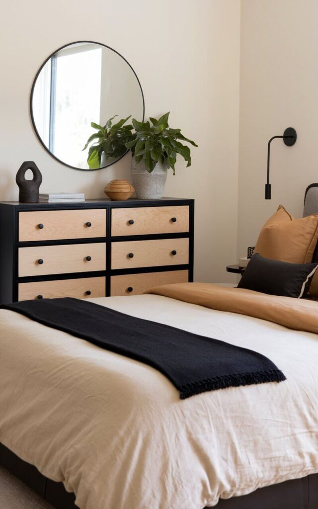 A photo of a black and beige bedroom featuring a two-tone dresser and a cozy bed with well-decorated bedding. The dresser has alternating drawers in matte black and natural beige wood, adding rhythm and character to the room. The bed is adorned with flax-colored sheets, a structured black throw, and soft pillows in caramel and charcoal hues. Above the dresser, a round mirror with a thin black frame reflects light and space. A potted plant and a ceramic sculpture complete the scene, seamlessly blending storage with high style.