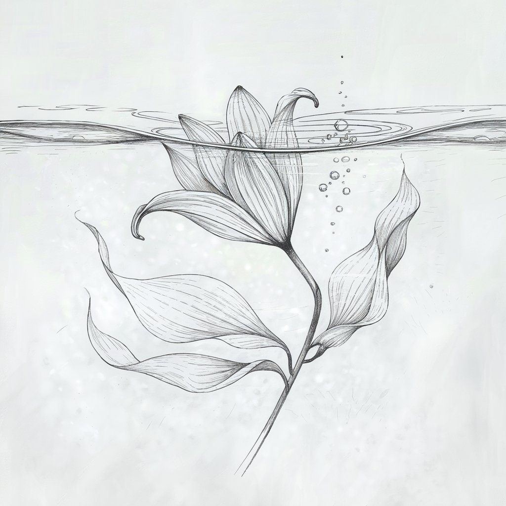A minimalist, plain white background pencil drawing illustration of a lily flower floating beneath the surface of water. Drawn in a simplistic style, the petals curve upward slightly as if buoyant, with faint ripples sketched above to indicate the water line. Air bubbles rise around the stem, which bends gently to one side. The leaves drift outward as if swaying in the current, with soft lines and transparent textures. The plain white background evokes a sense of light-filled depth and silence, making the composition serene and weightless.