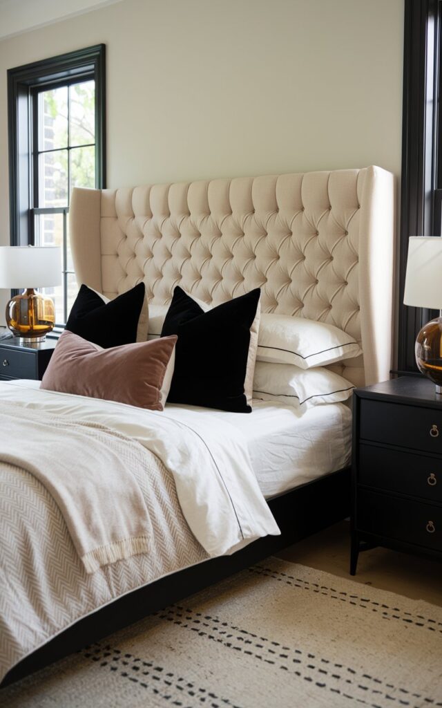 A black and beige bedroom with a cozy bed and a tufted beige upholstered headboard. The bedding includes crisp cotton sheets in off-white, a beige herringbone comforter, and black and taupe accent pillows in velvet and knit. There are two black nightstands with amber glass lamps. The headboard pairs beautifully with the black-trimmed windows and neutral-toned rug. The room feels intentional and soothing, perfect for relaxation.
