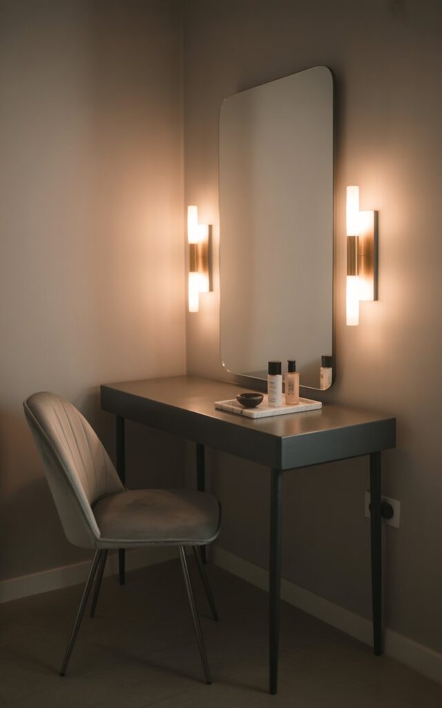 A photograph of a minimalist bedroom vanity bathed in soft, diffused light, creating an atmosphere of serene elegance. The vanity itself is a slim, matte black table supporting a white marble tray that holds a few luxury skincare products and a small ceramic bowl; a large frameless mirror is flanked by two symmetrical brass wall sconces, their warm glow highlighting the vanity's clean lines. A pale gray velvet chair with sleek silver legs sits invitingly before the vanity, completing the uncluttered composition. The background fades into a muted beige wall, subtly emphasizing the vanity as the focal point and reinforcing the minimalist design aesthetic.